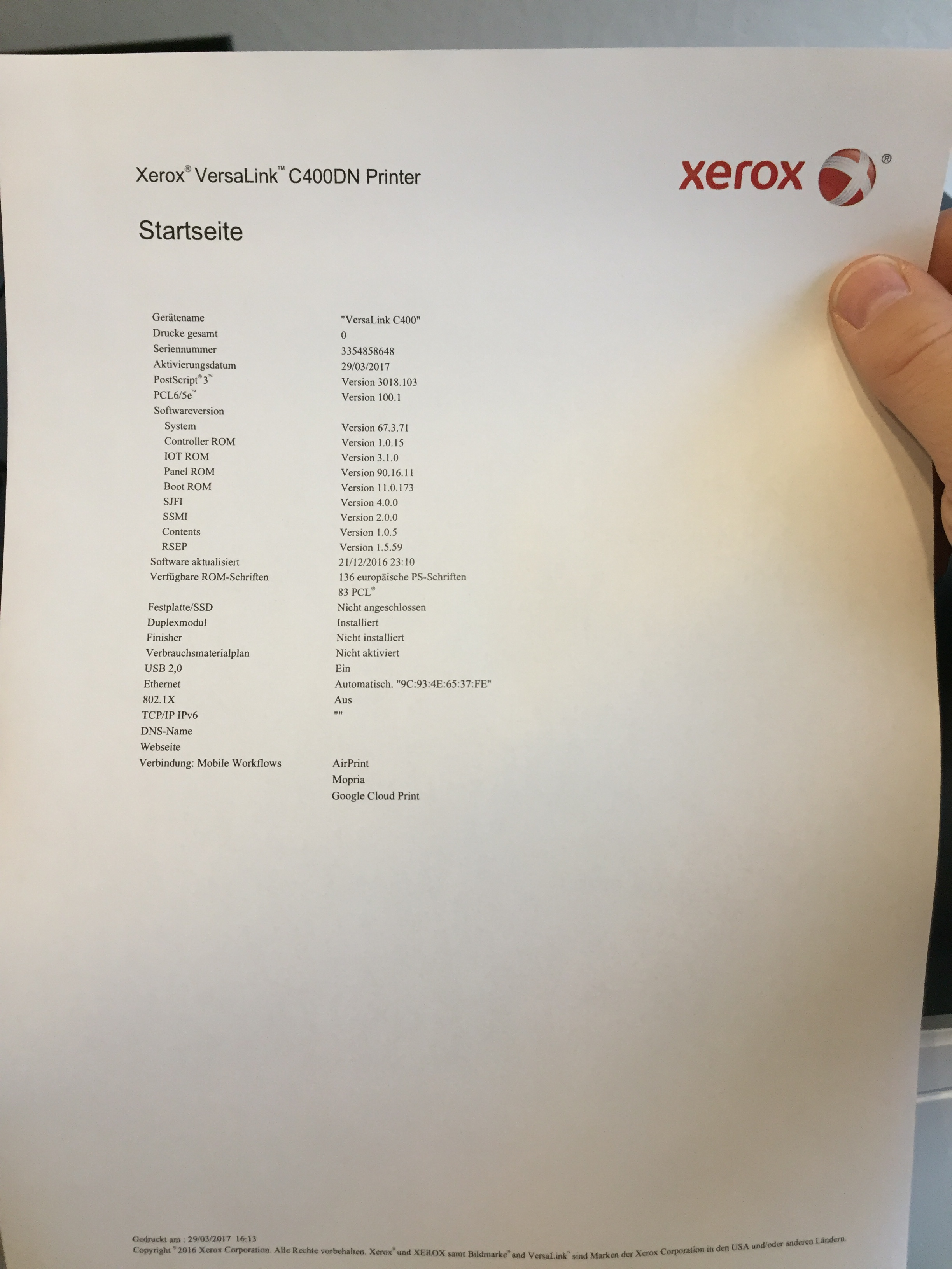 Xerox VersaLink C400DN - Startseite wird gedruckt